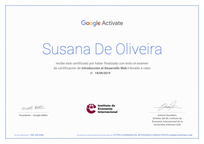 certification of the course Introduction to Web development I
