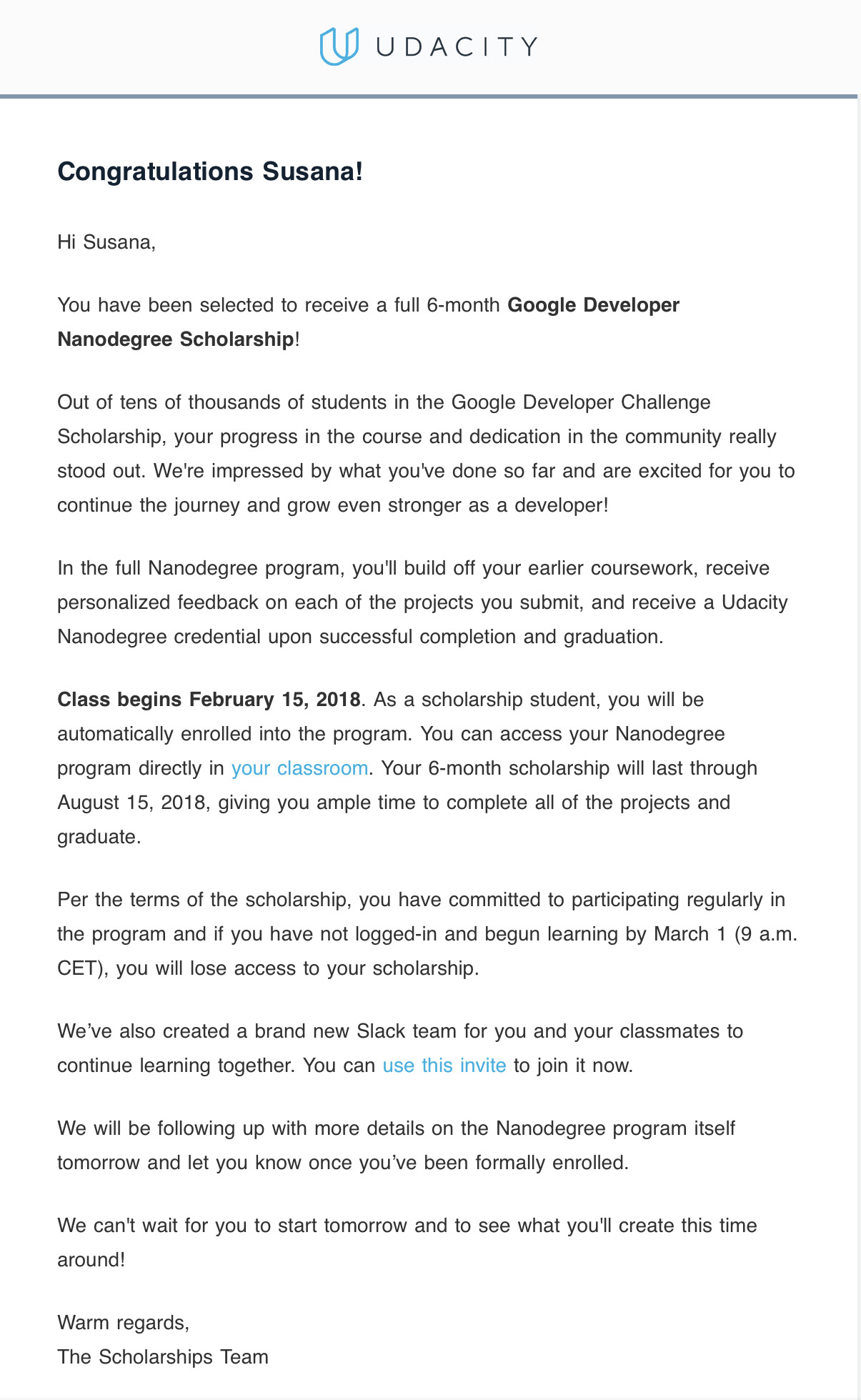 Photograph of the email received, indicating that I obtained the scholarship.